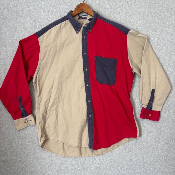 Vintage Washed Cottons Men's 90s Red Blue Khaki Button Down Long Sleeve XL - Picture 1 of 9